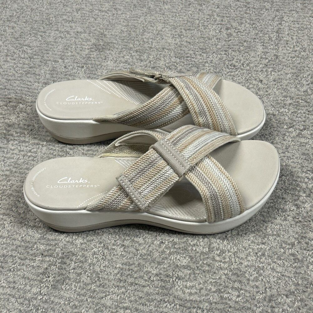 Clarks Arla Wave Slide Sandals Womens 9 Tan Beige Strappy Adjustable Slip On